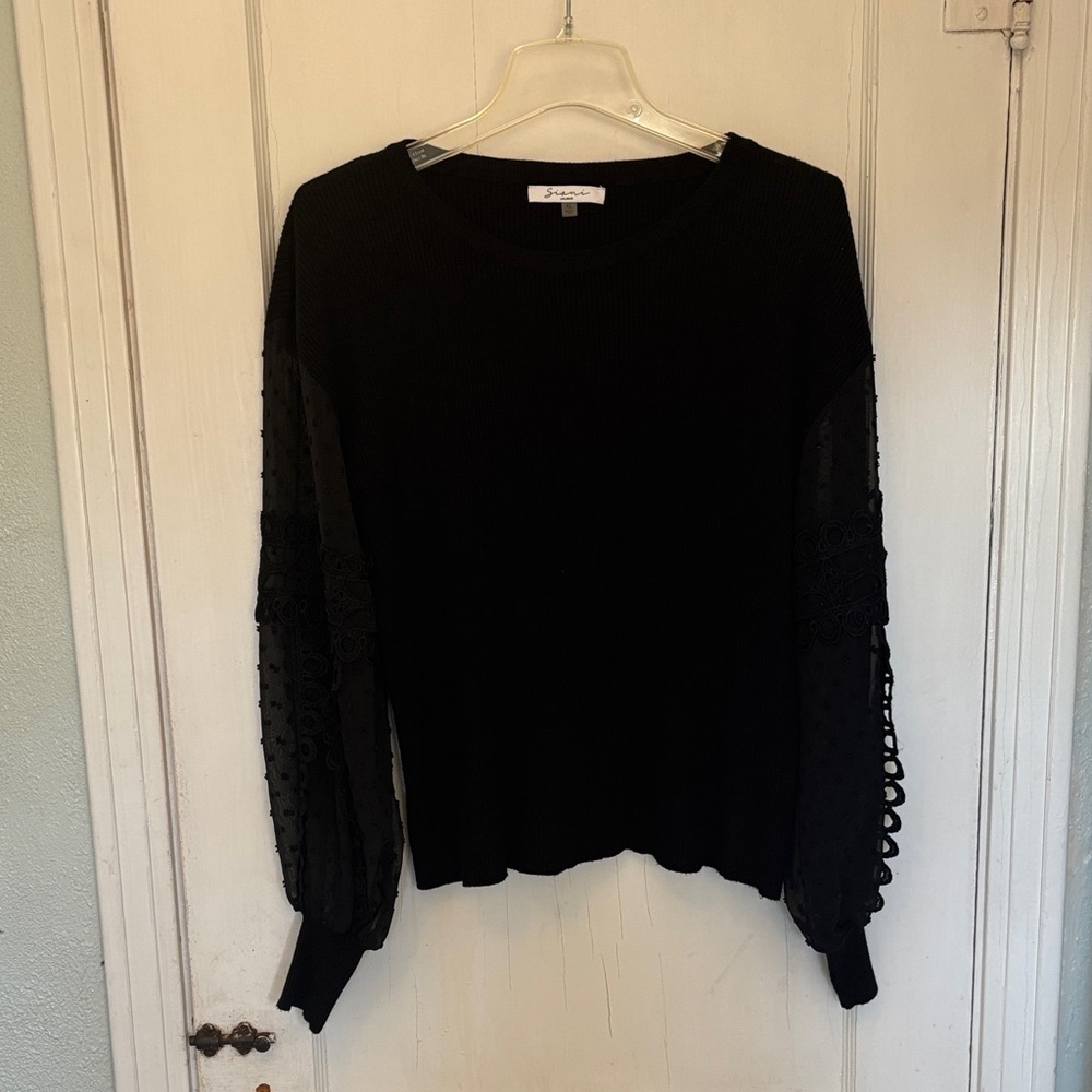 Sioni Black Pom Pom Sleeve Knit Top